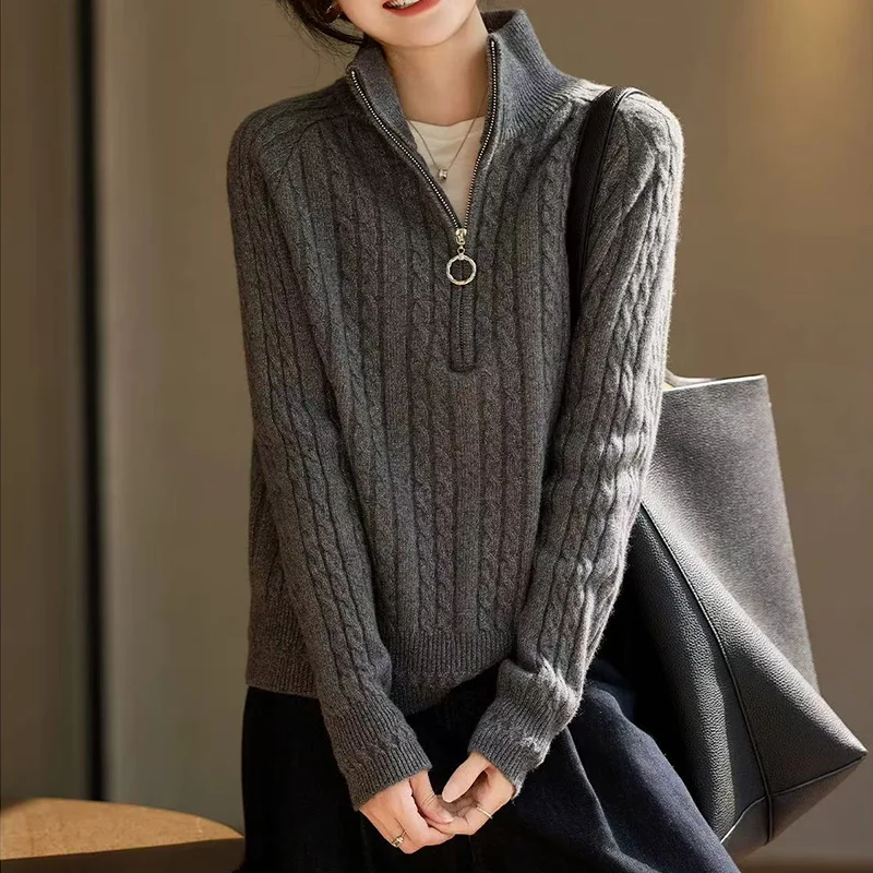 

New 100% pure cashmere sweater women's half zipper thickened relaxed lazy wind sweater knitting bottoming.