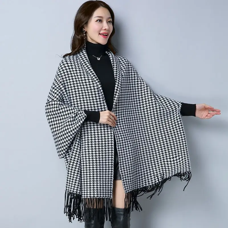 Women Autumn Batwing Sleeves Tassel Cape Outside Street Wear Winter Houndstooth Knitted Cardigan Faux Mink Velvet Shawl Cloak