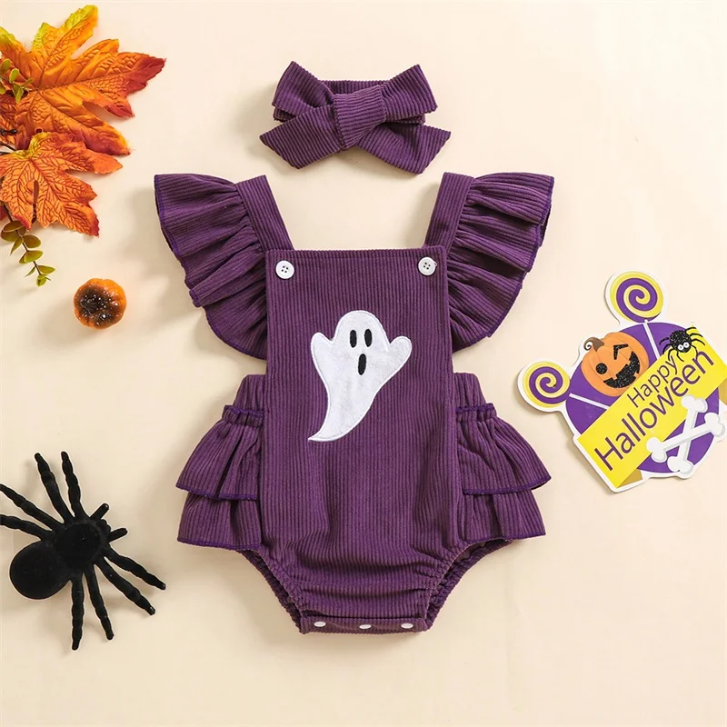 

0-18 Months Baby Girl Halloween Romper Ghost Embroidery Flying Sleeves Square Neck Tiered Ruffled Jumpsuit with Headband