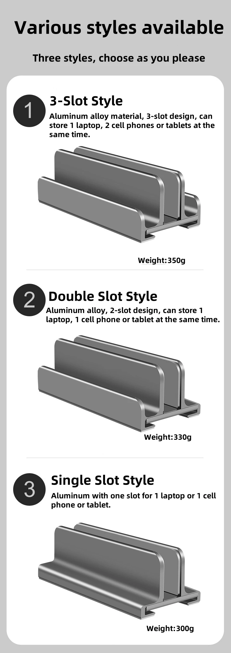 Suporte vertical para laptop monut suporte de mesa para notebook 3 slots larguras ajustáveis suporte de 18 polegadas