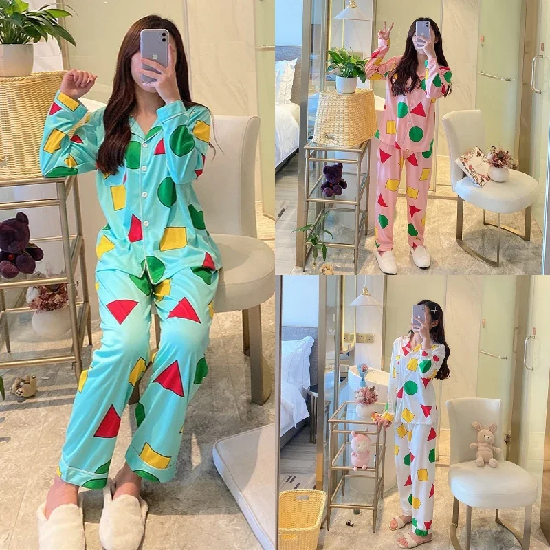 

Couple Cute Pajamas Two Sets of Men and Women Cartoon Long-Sleeved Plus Size Homewear Green Geometric Pattern School Sleepwear