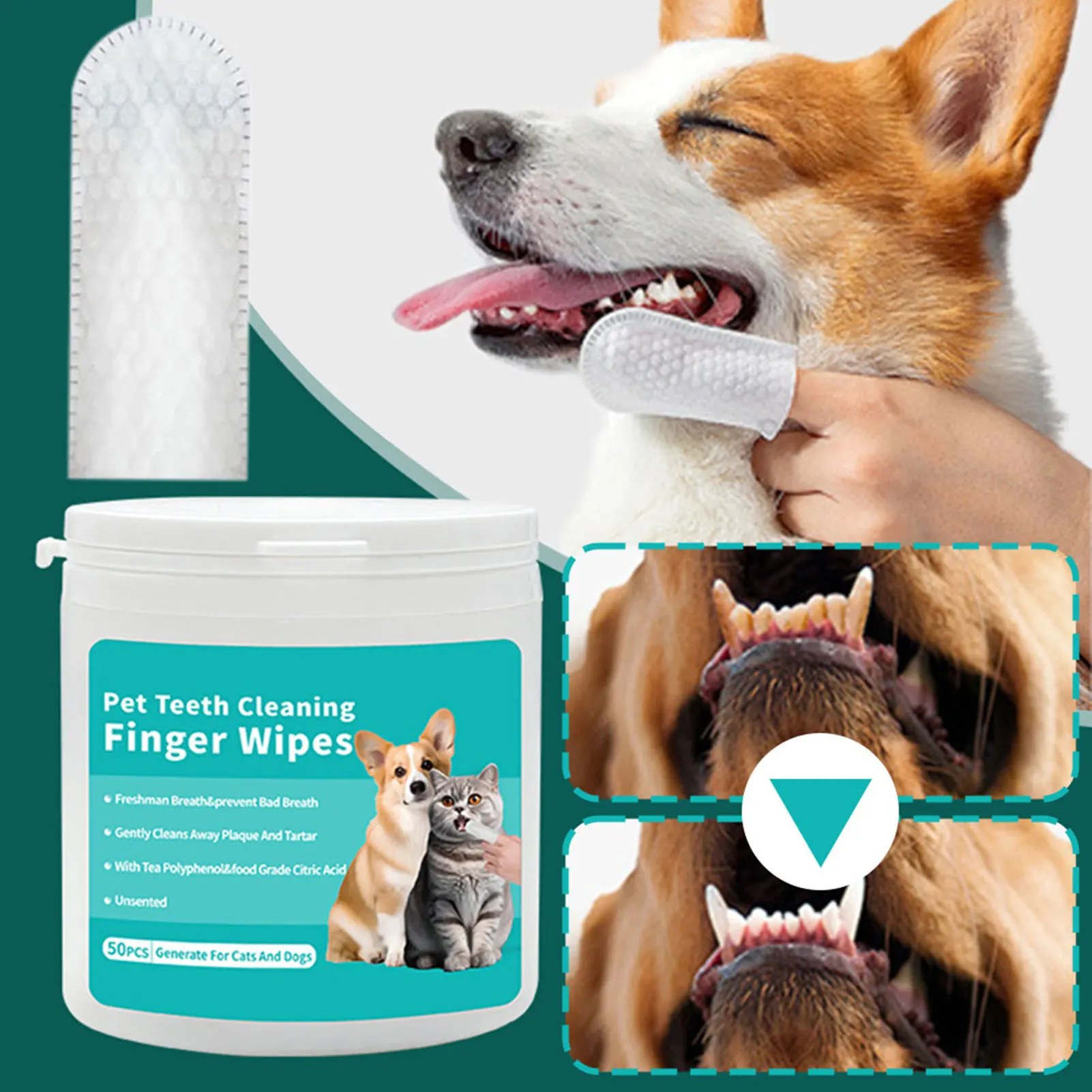 

50 шт., салфетка для чистки зубов домашних животных, одноразовые салфетки для ухода за зубами собаки, чистка полости рта кошачьих ушей и глаз, для ухода за полостью рта домашних животных