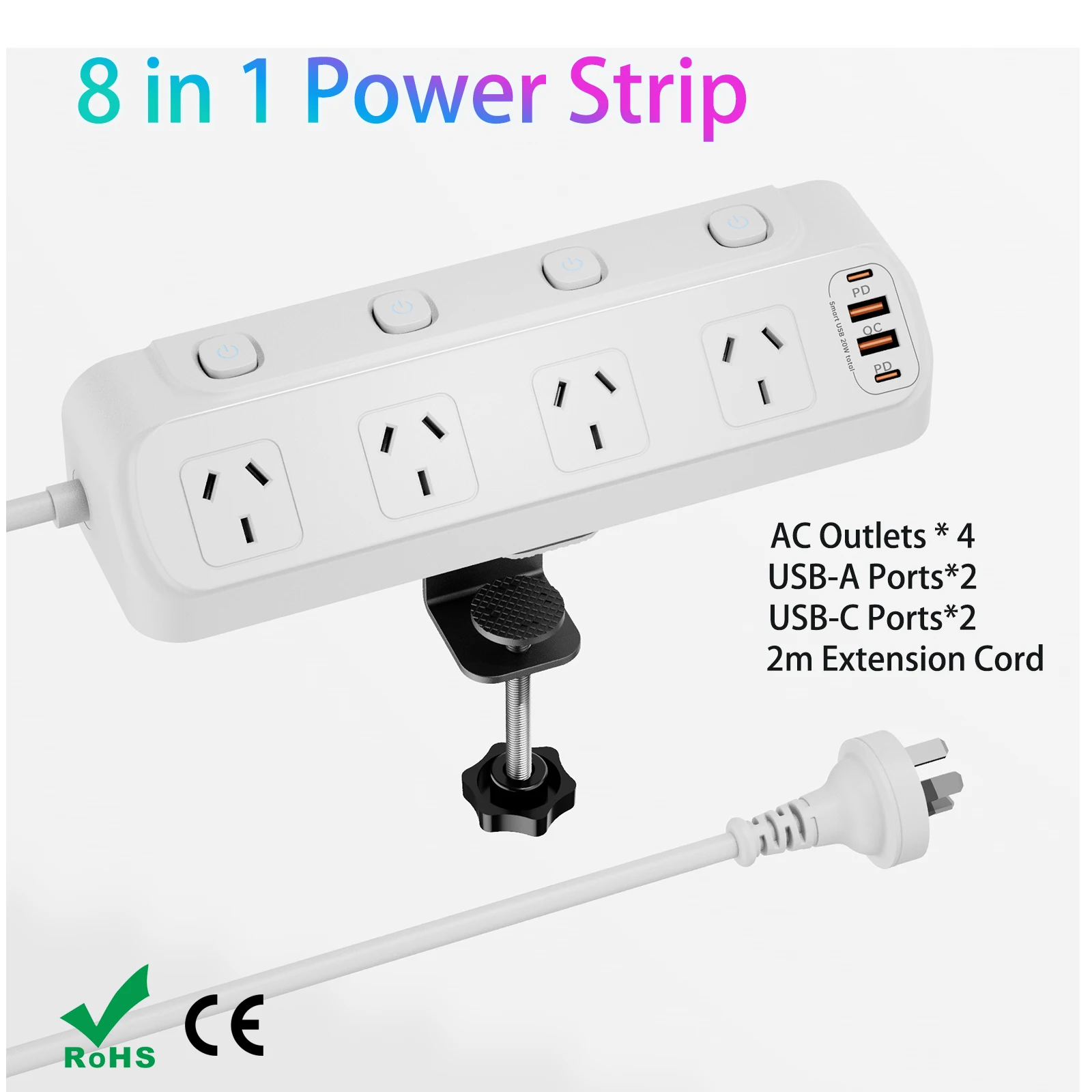 

Настольная зажимная плата с вилкой AU и 4 станциями быстрой зарядки USB PD20W, 4 австралийских розетки, удлинитель 2 м для домашнего офиса