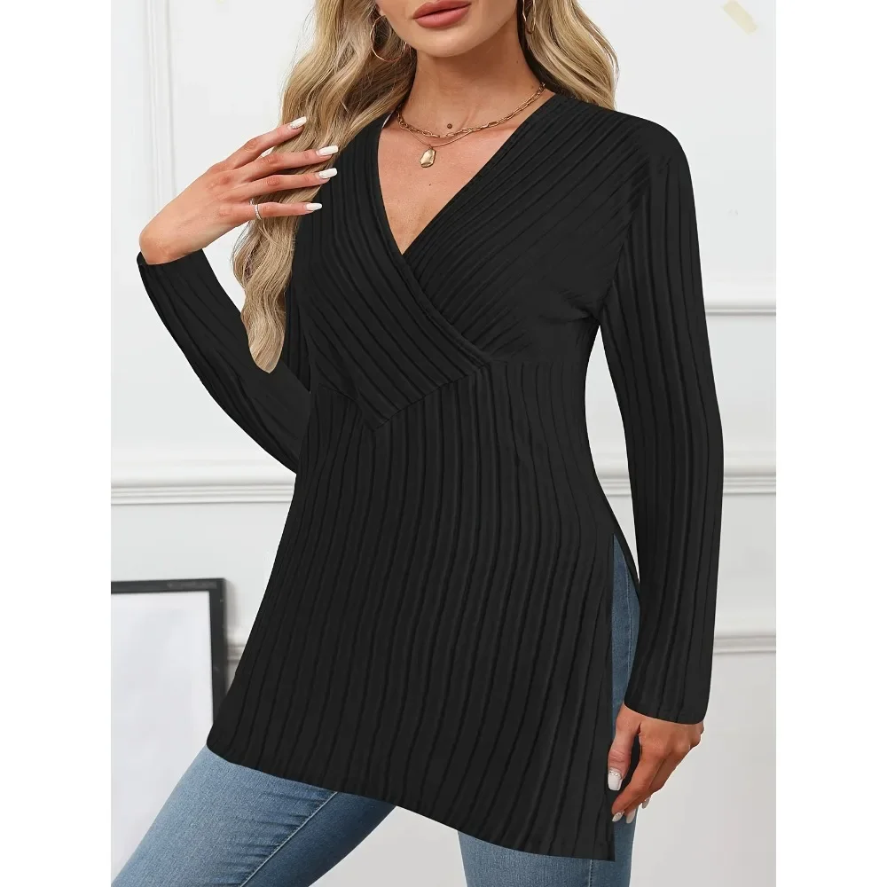حجم كبير 1XL-5XL جديد المرأة الخريف/الشتاء جديد بلون محبوك القمم السيدات الأوروبية والأمريكية مضلع غير النظامية الشق