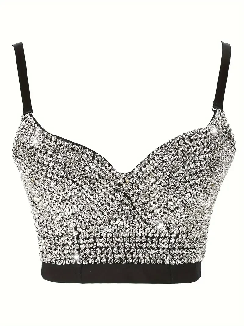 Imagem -06 - Sexy Espartilho Strass Bustier Colheita Topo Rave Roupa Festival Roupas Femininas Prata Glitter Sutiãs Transporte da Gota Atoshare