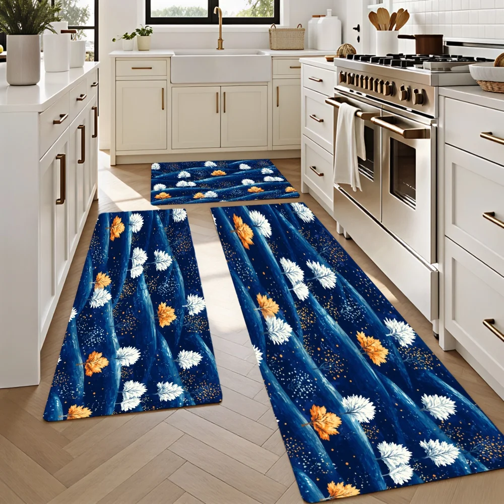 1/2/3pcs Kitchen Rugs, Welcome Door Mat Set, Home Halloween Decoration for Front Door, Kitchen, Bathroom, Blue Waves with White And Orange Floral Prints Dining Mat, Housewarming Party Gift.