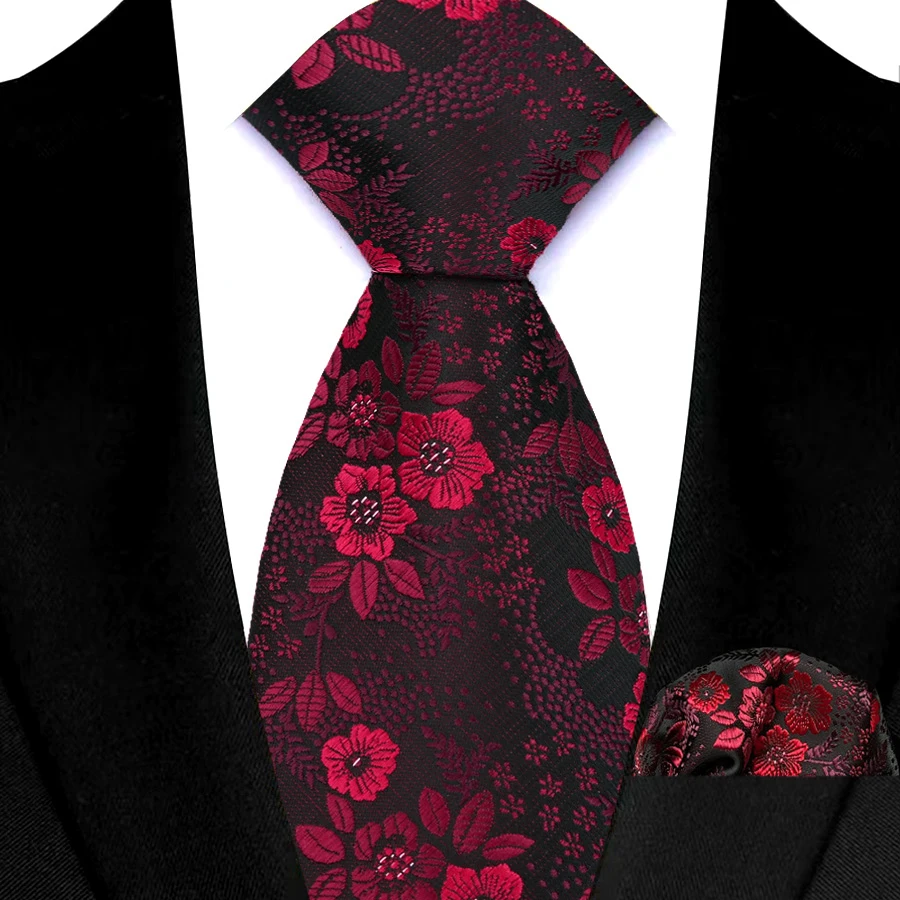 Wine Red Floral Dot Plaid Men Tie Pocket Square Set Fashion High Quality Suit Necktie Hanky Set Business Wedding Party Gift