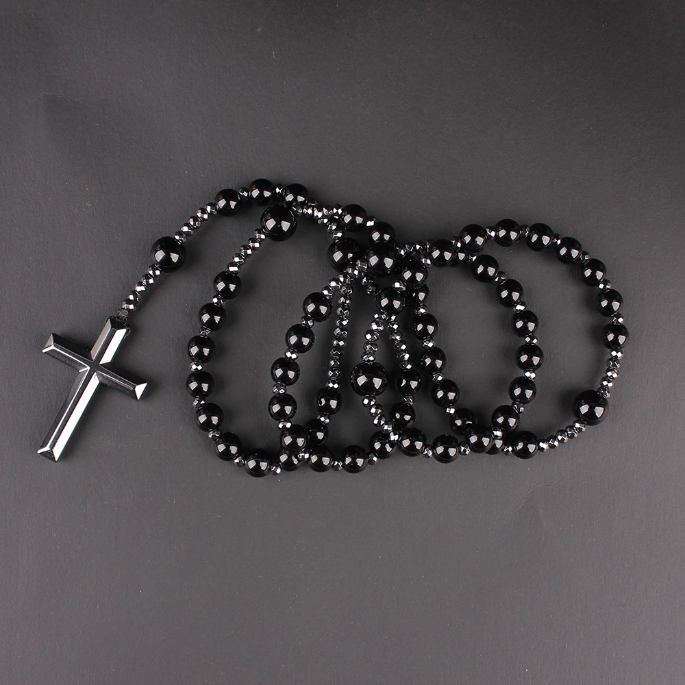 Natural Stone Tiger-eye Beads Hematite Cross Pendant Necklace for Men and Women Rosary Jewelry