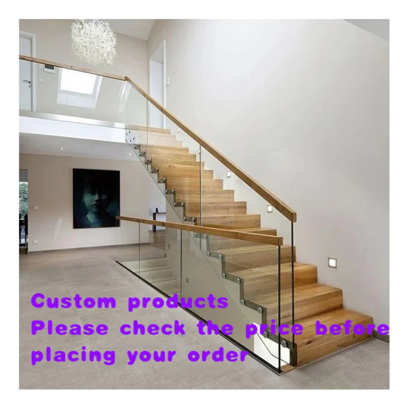 custom.Customized Oak Hardwood Floating Wooden Staircase with Glass Railings