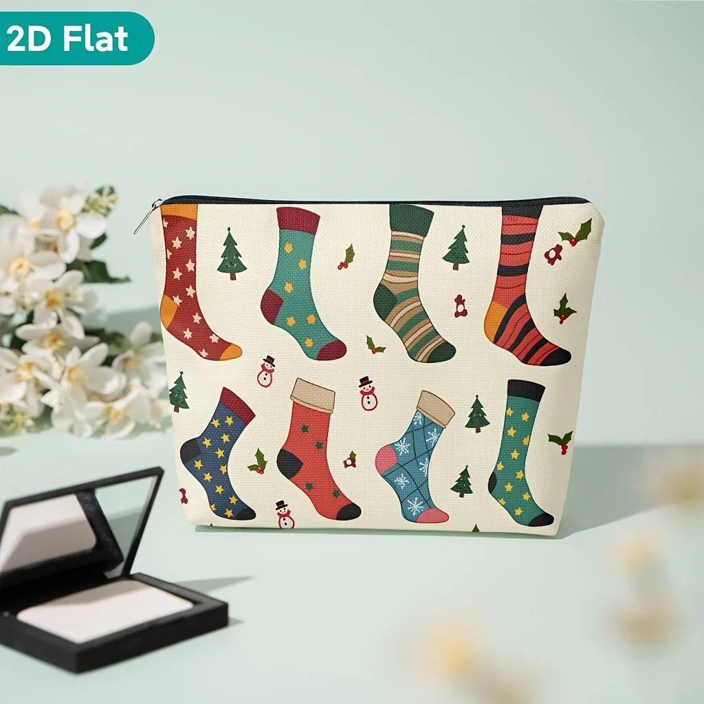 Christmas Colorful Socks Snowman Mini Tree Print Cosmetic Bag Zipper Makeup Pouch Portable Travel Storage Bag Holiday Gift