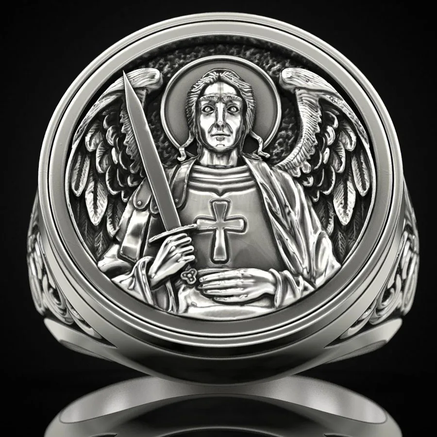 27g Big ARCHANGEL MICHAEL Religious Art Relief Gold Rings  Customized 925 Solid Sterling Silver Rings Many Sizes 6-13