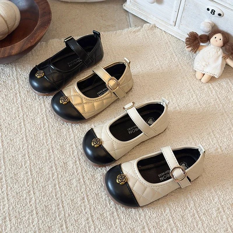 Girls Mary Jane Shoes Kids Style Quilted Leather Flats Camellia Decor Buckle Non-slip Soft Sole Princess Dress Shoes  Kid