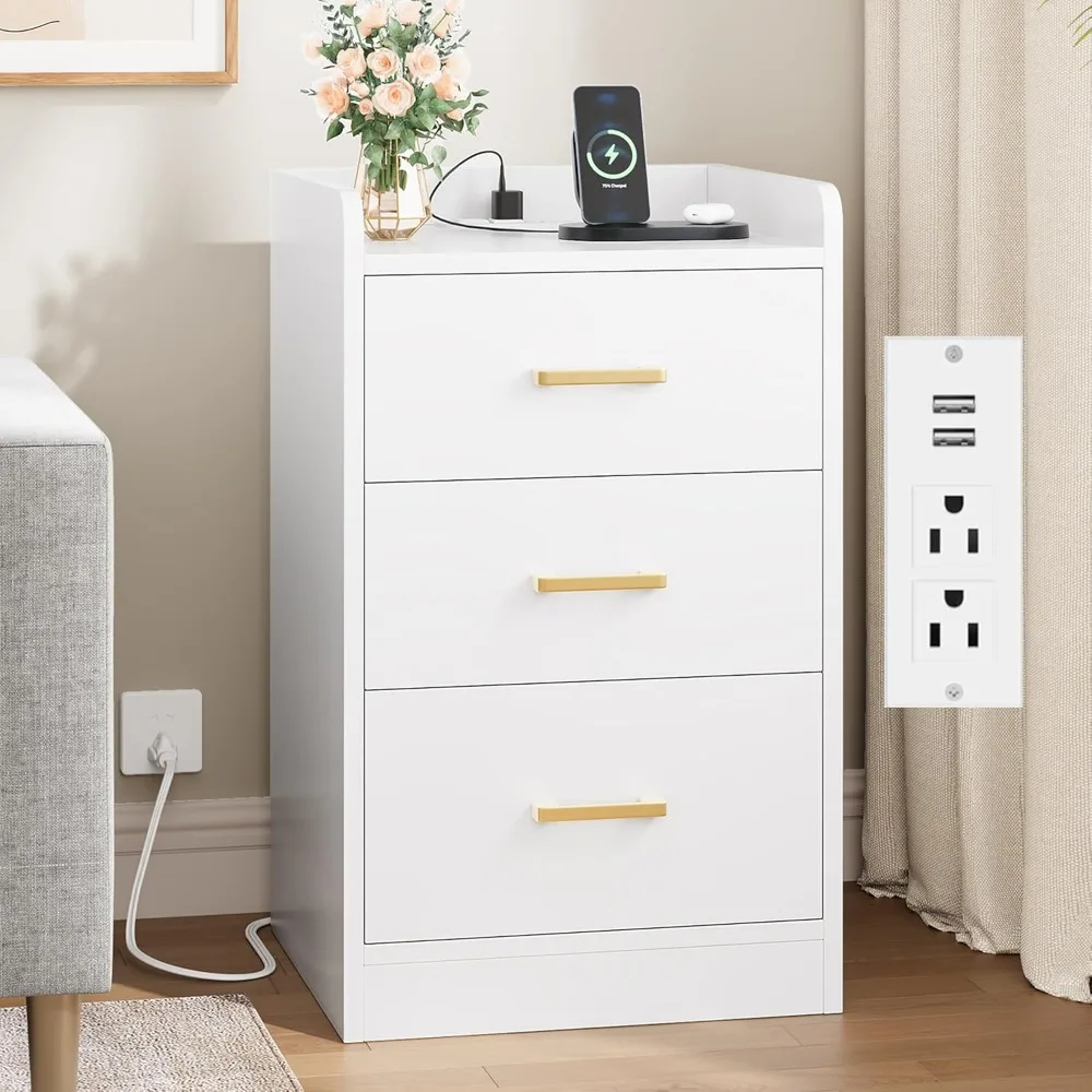 Nightstands Set of 2 Nightstand with Charging Station, 3 Drawer Nightstand with Gold Handles, White Nightstands for Bedroom