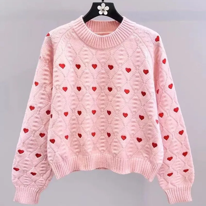 O-neck LOVE Embroidered Sweater Women Autumn Winter Loose Fashion Long Sleeve Knitwear Sweet All-match Office Lady Knitting Tops