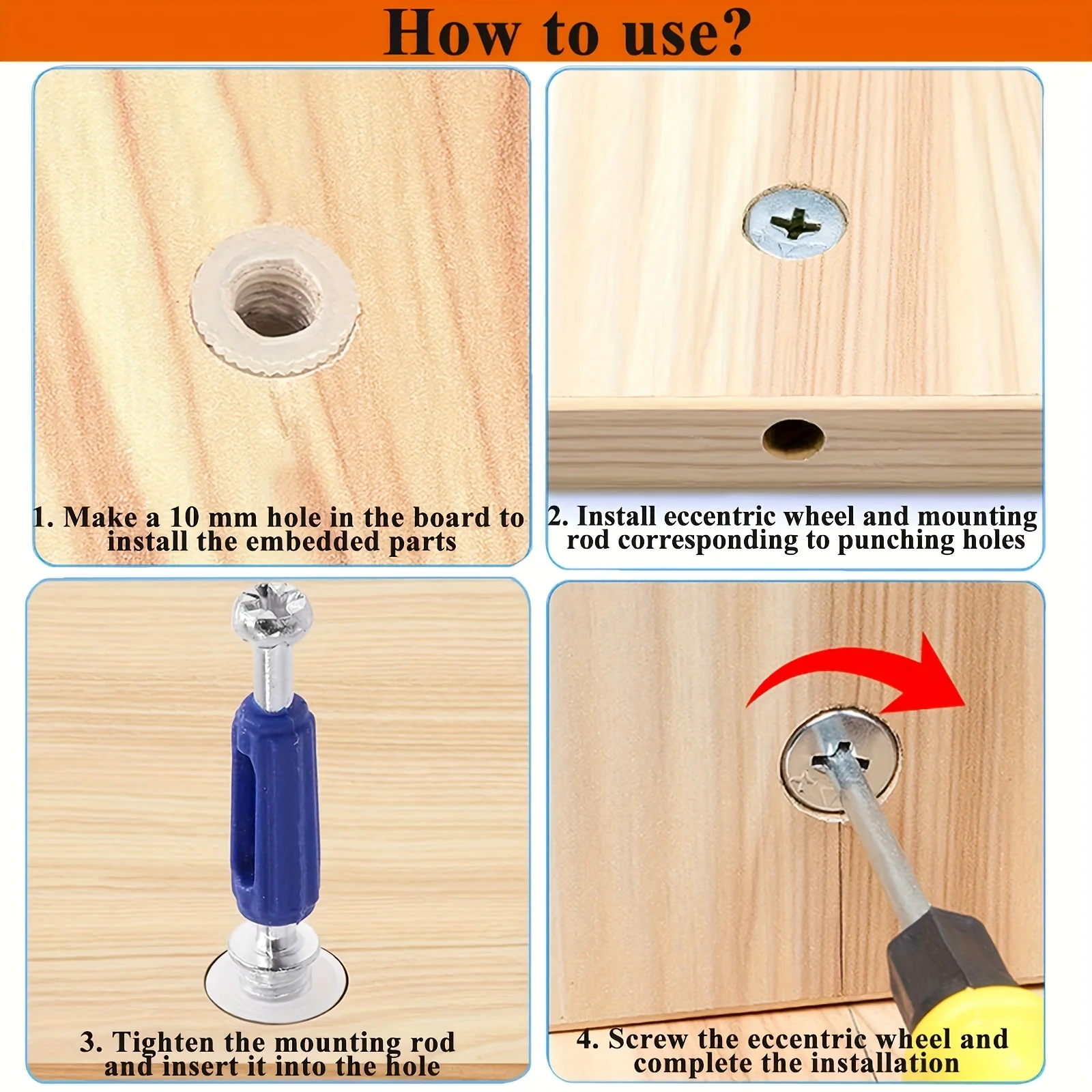 120-Piece Set of Furniture Hardware: Eccentric Cam, 3-In-1 Dowel Pin, Wood Dowel, and Rubber Insert (3-In-1 Furniture Cam)