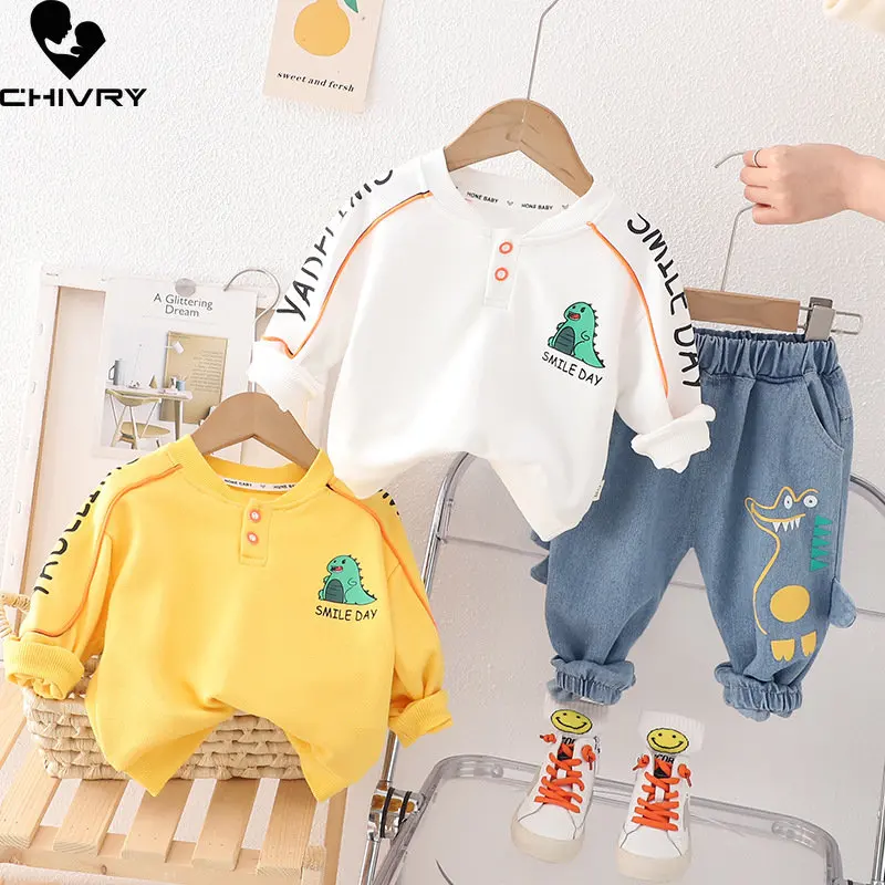 Conjuntos de ropa para niños, camisetas con solapa con letras de dinosaurio de dibujos animados, Tops con pantalones vaqueros, ropa para niños, Primavera, 2023