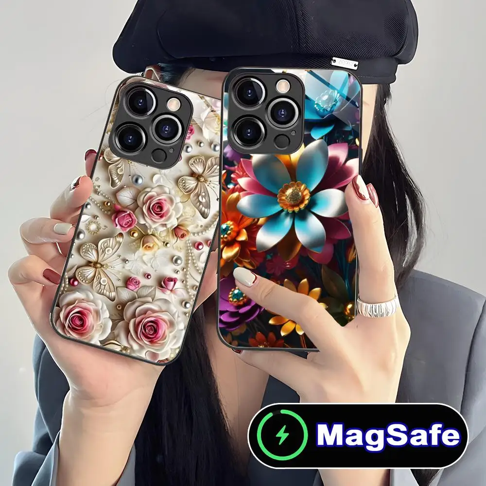 

Роскошный чехол для телефона с жемчужными цветами для iPhone 17 16 15 14 13 12 11 Air Pro Max Plus Mini, стеклянный, цветной, с поддержкой MagSafe, красивый