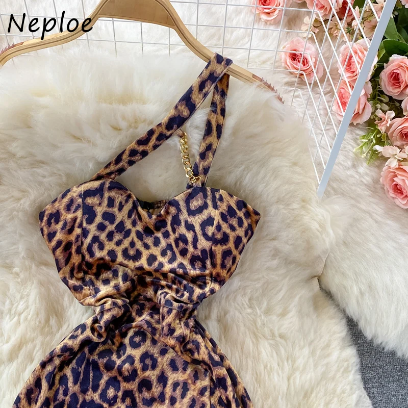 Neploe Hepburn Style Temperament Femme Robe Sexy Leopard Print Suspenders Dress Backless Slit Hip Package Long Sling Vestidos