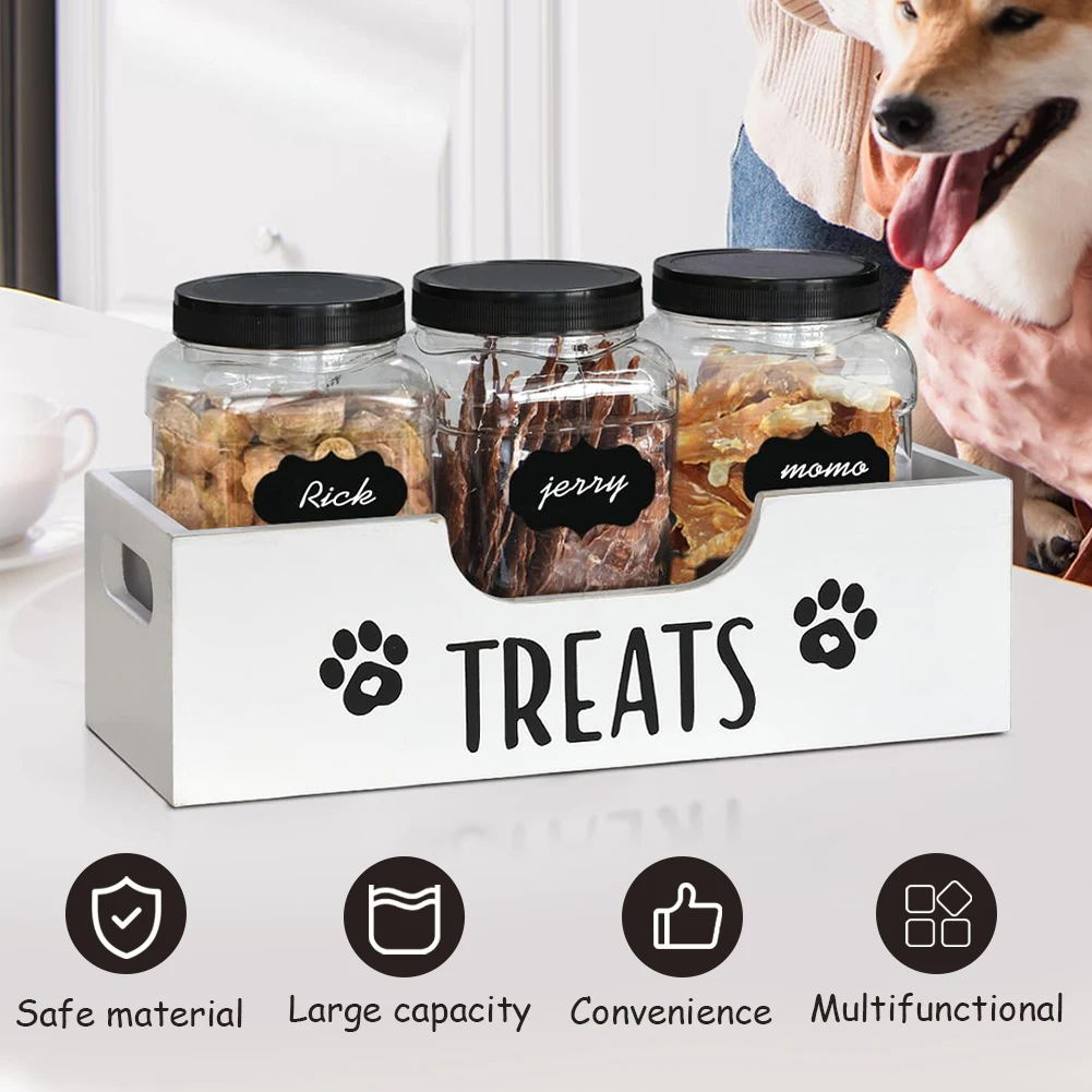 

Wooden Pet Snack Storage Box with Plastic Treat Jar Food Storage Holder (White)