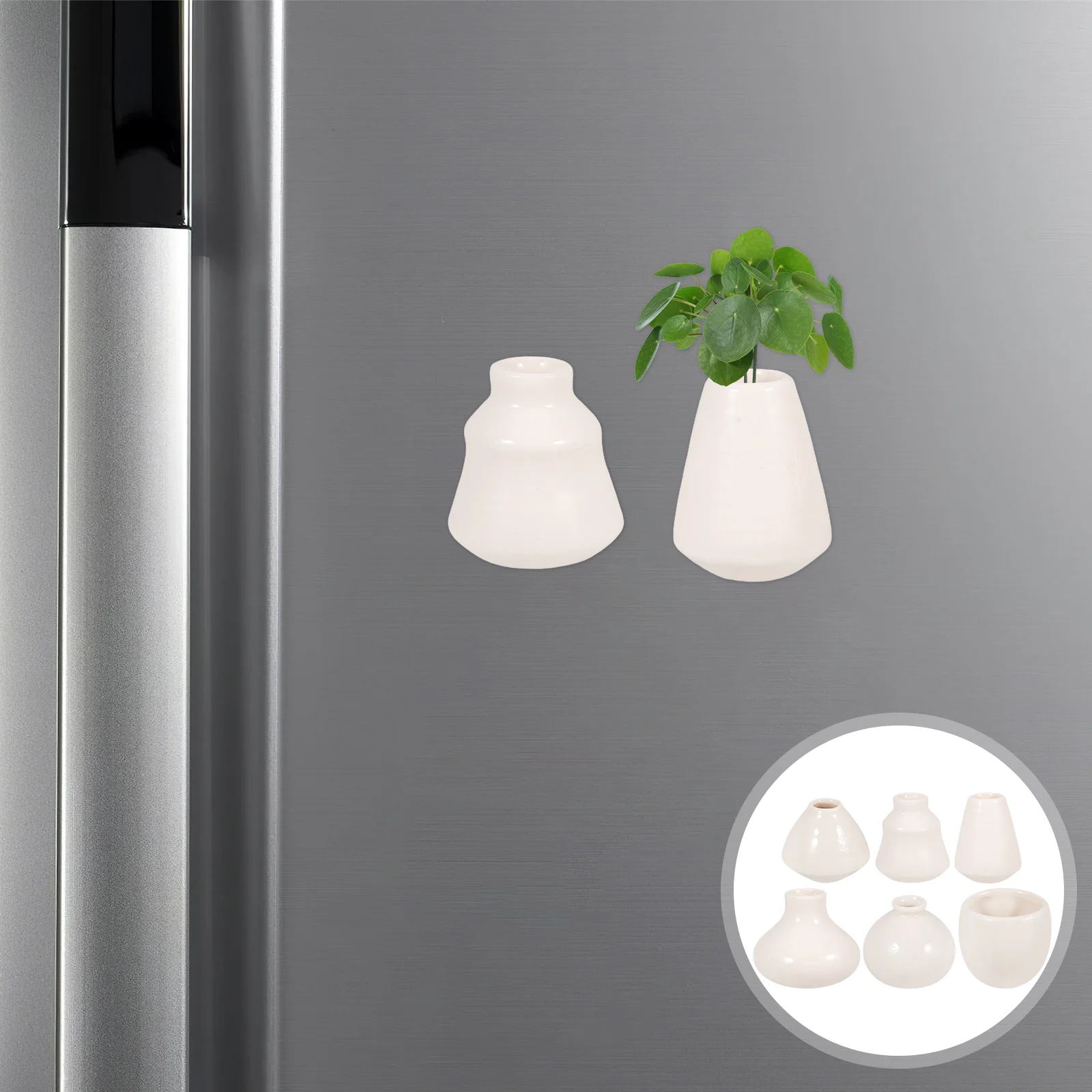 แม่เหล็กติดตู้เย็นเซรามิก 6 ชิ้น รูปแจกันขนาดเล็กเรียบง่าย สำหรับปลูกต้นไม้ ตกแต่งบ้าน สำนักงาน ระเบียง ทำจากพอร์ซเลนสีขาว