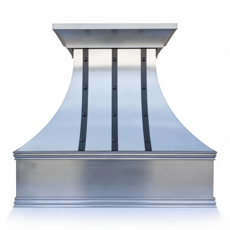Luxury Custom Stainless Steel Wall Mounted Range Hood with Riveted Copper Straps
