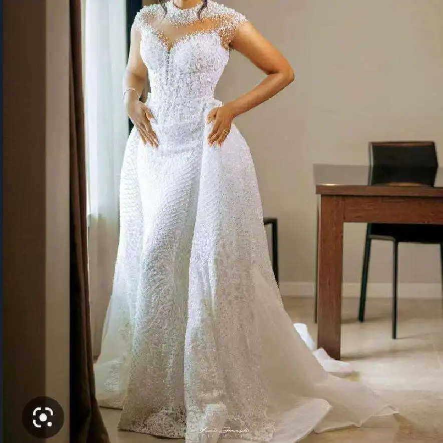 

Plus Size Africa Beads Mermaid Wedding Dress Detachable Train Short Sleeve High Neck Fishtail Bridal Gowns