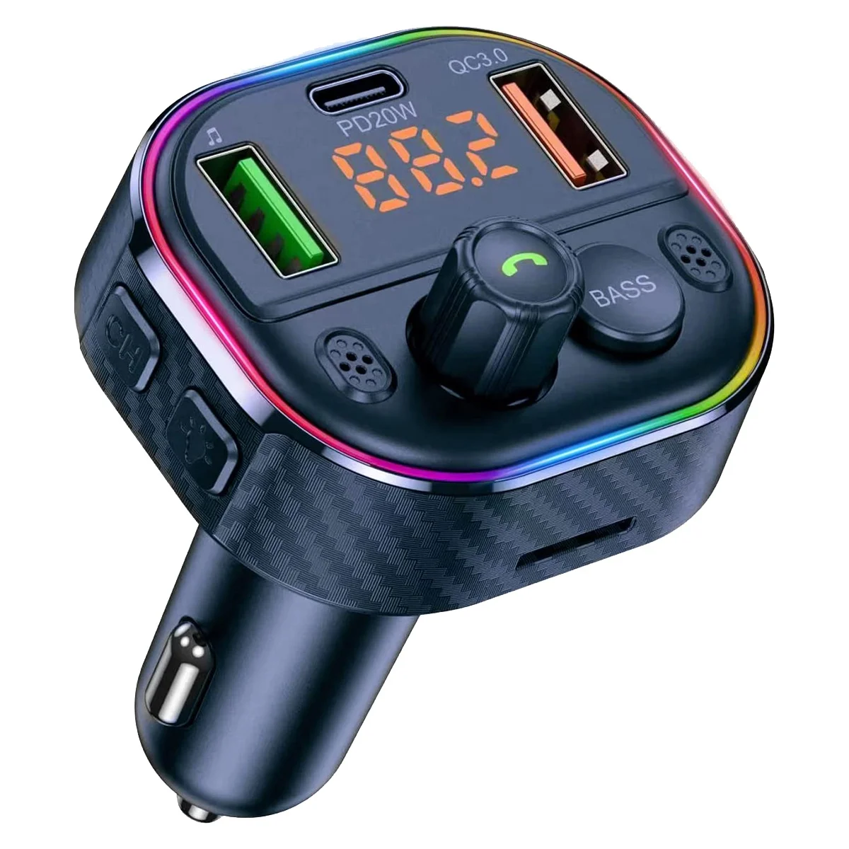 

Car Bluetooth 5.1 FM Transmitter, Bluetooth Car Adapter with Handsfree Call Siri Assistant, Colorful Backlit Voltmeter