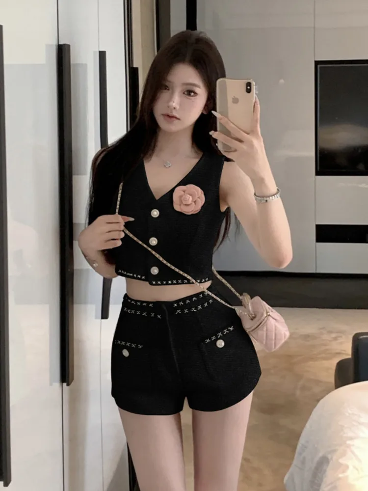 

High Quality French Small Fragrance Tweed 2 Piece Pant Sets For Women Vest Tops + Shorts Sets Lady Luxury Two Piece Pant Suits