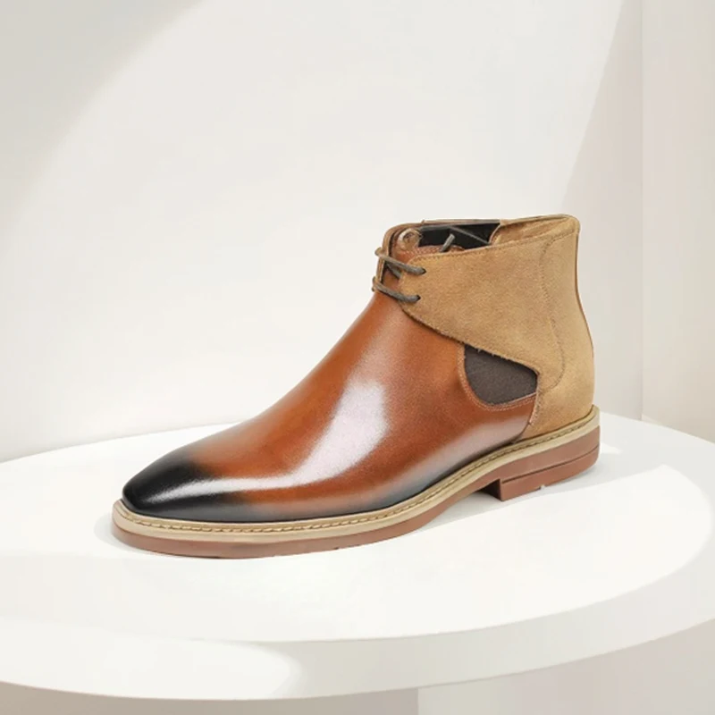 

Leather Ankle Boots Men's Cowhide Lace Up Square Toe Short Chelsea Boots Business Dress Footwear