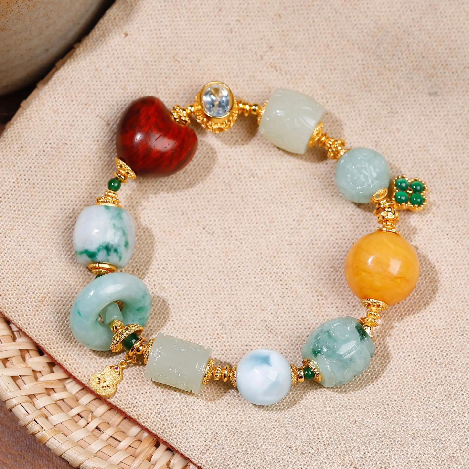 Natural Grade A Jadeite Multi Gem Bracelet Hetian Jade Beeswax Red Sandalwood Heart Gold Plated S925 Silver Women Wrist Jewelry