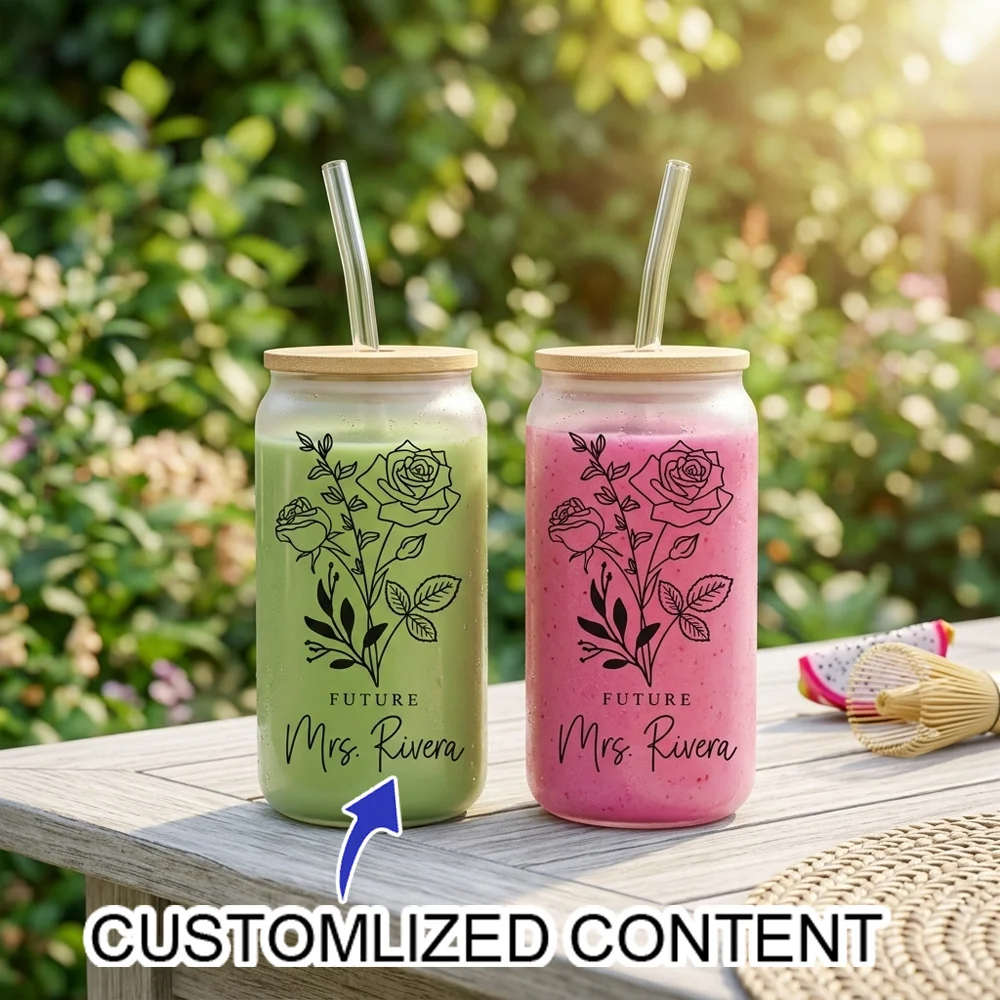 Personalized Name Glass Cup, Customized Flower Iced Coffee Cup, Bamboo Covered Straw Reusable Smoothie, Beer Cup, Bridal Shower,