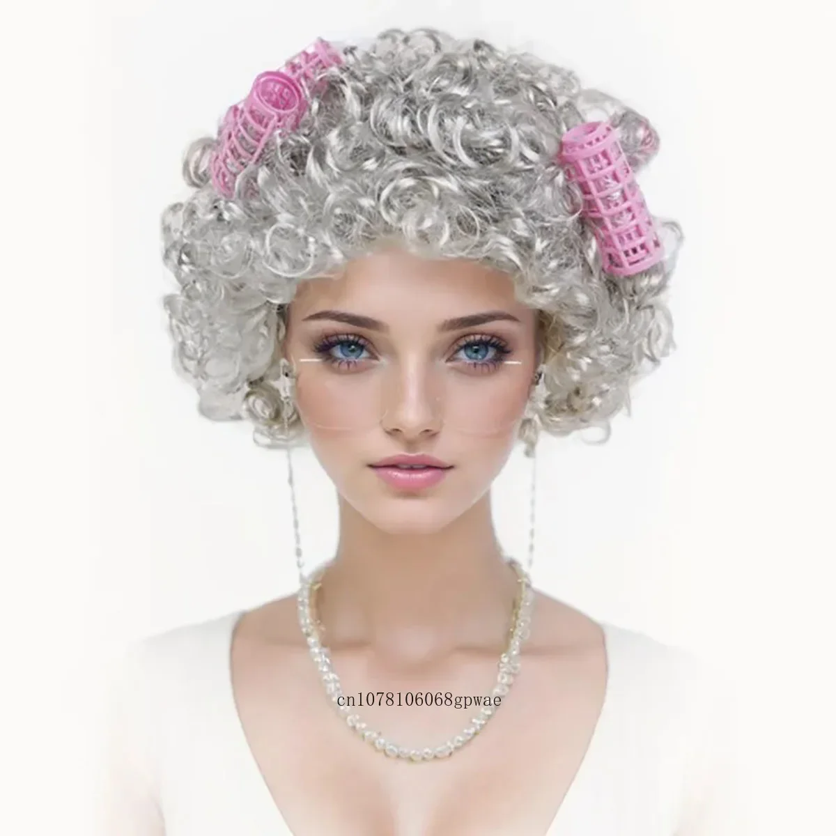 Synthetic Old Lady Silver Grey Wig Set Granny Wigs with Hair Rollers,Glasses,Eyeglass Chain,Pearl Necklace Daily Party Cosplay