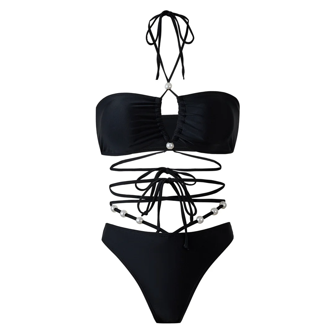 Perlenbesetzter Wickel-Bikini mit Rock, Damen-Badeanzug, dreiteiliges Bikini-Set, Badebekleidung, Badeanzug, Modell V6098 – Detail 12