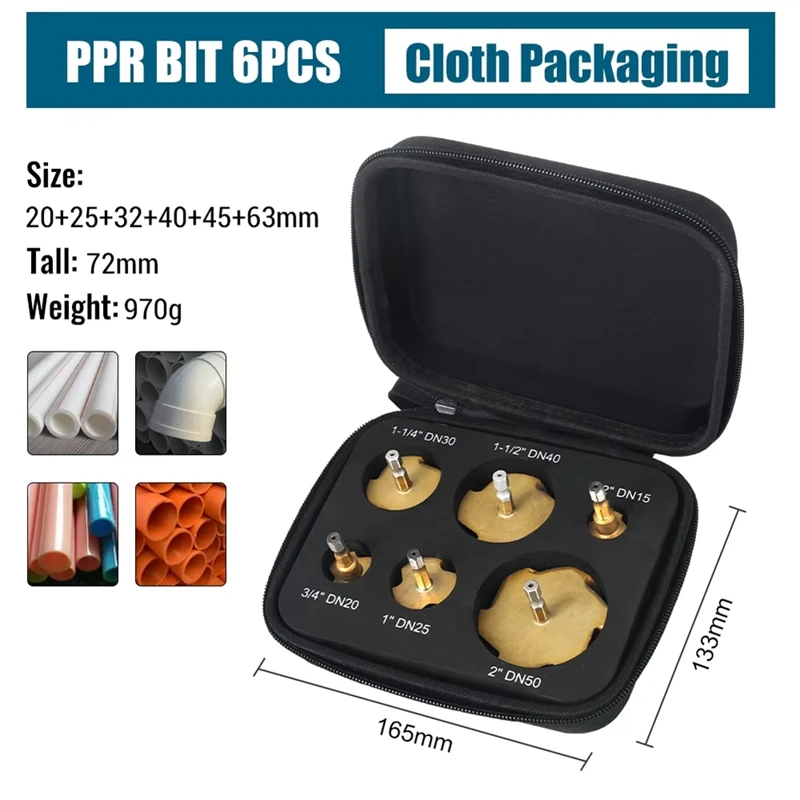 A23T 6Pcs PPR Stepped Drill Bit Set 20-63mm Hexagon Shank Water Pipe Connection Reaming Tool for PPR Pipe Repair