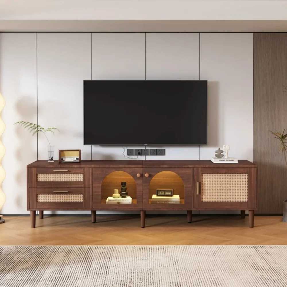 Rattan TV Stand with 3 Cabinets & 2 Drawers, Rattan-inspired Media Console Table for TVs up to 80'', TV cabinet for Living room.