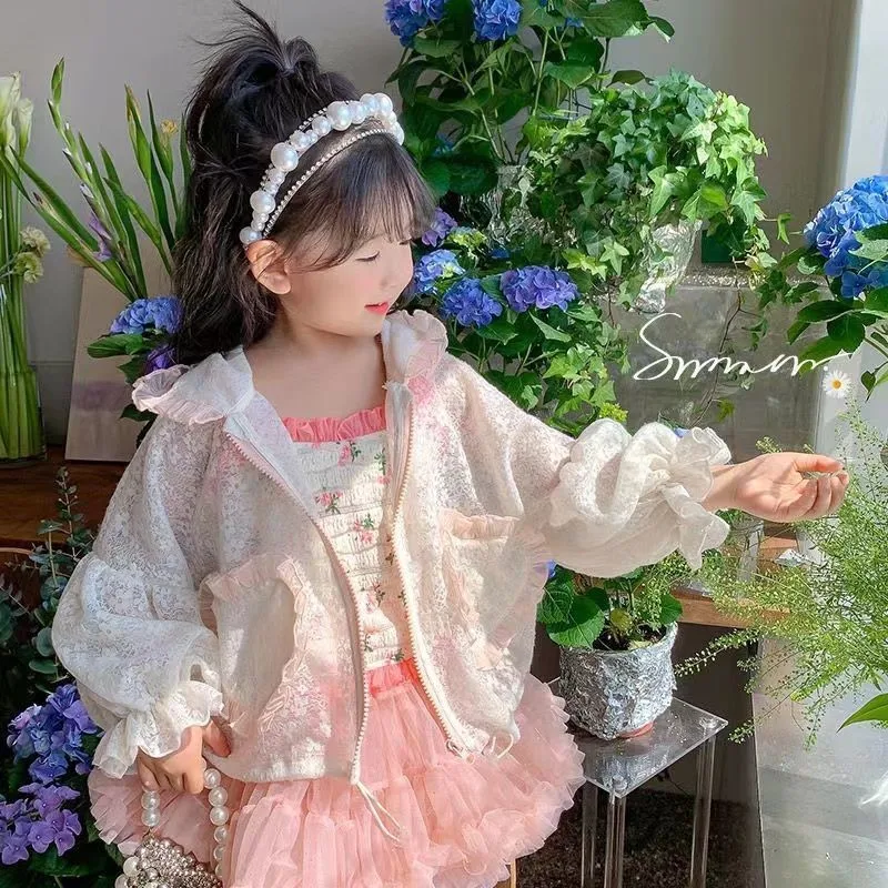 

Girls Sunscreen Coat 2026 New Western Style Summer Girls Lace Hooded Long Sleeve Thin Children Air Conditioning Coat
