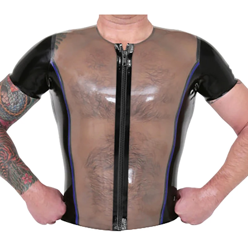 

Black Blue And Transparent Sexy Latex Jacket With Zippers At Front Short Sleeves Rubber Coat Shirt Top YF-0361