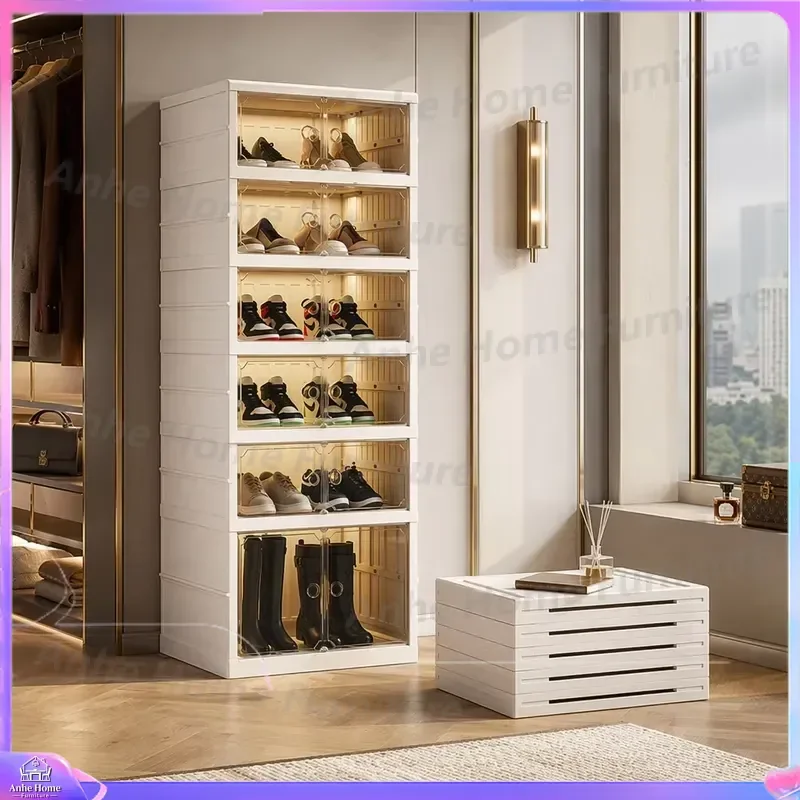 Foldable Shoe Cabinet Stackable Plastic Storage Box with Door Quick Assembly Shoe Rack Organizer for Bedroom Home Closet