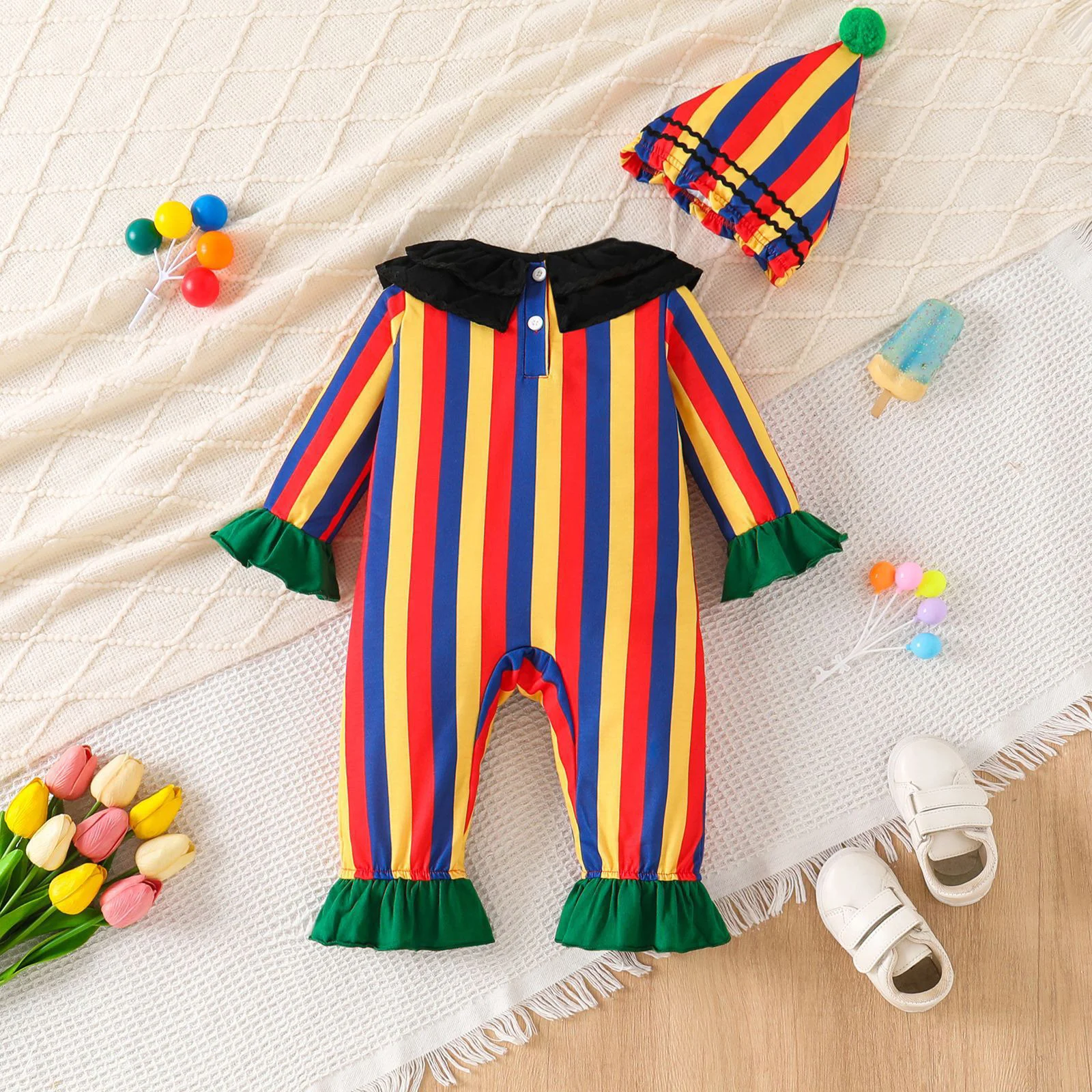 Baby Mädchen Halloween Gruseliger Clown Cosplay Kostüm Langarm Layered Rüschen Grau Joker Kleid Strampler Karneval Party Outfit – Detail 24