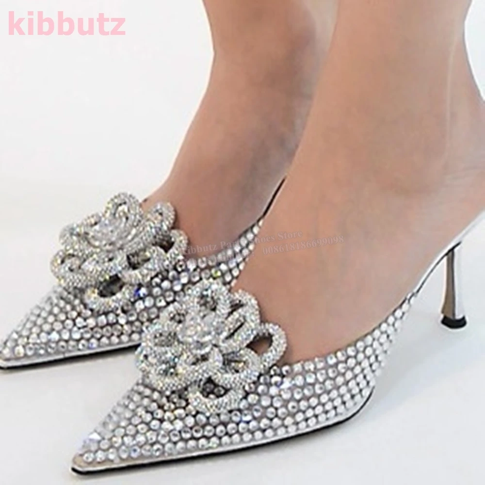 Crystal Flower Slipper Sandały Błyszczący szpiczasty nosek Kitten Heel Slip-On Solid Color Fashion Eleganckie seksowne buty ślubne dla kobiet