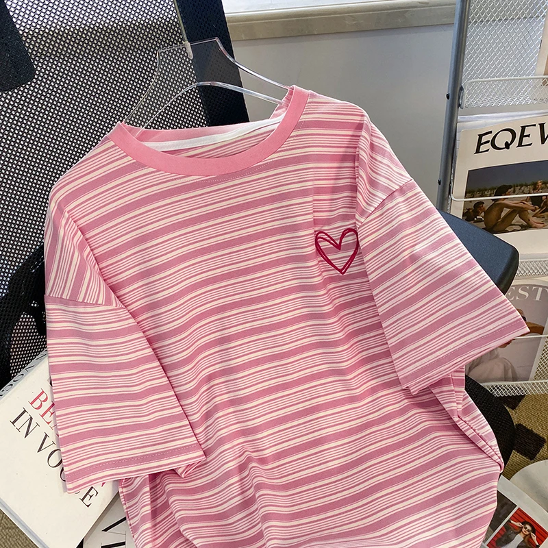 plus Size 2300 Pounds Pink Heart Stripe Short Sleeve Women's T-shirt Summer Slimming Pure Cotton Top Cover up Loose Fit