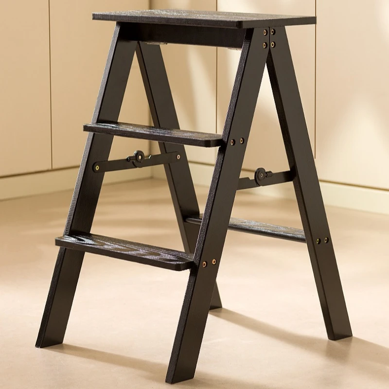 eb-Household multi-functional ladder stool 3-step folding kitchen steady ladder chair black portable