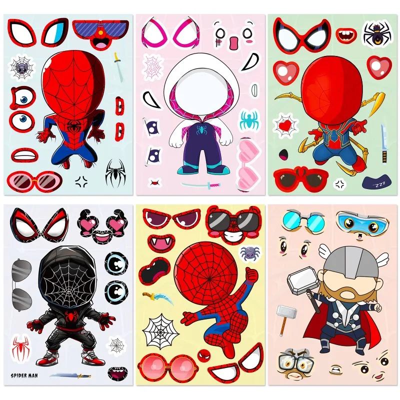 6Sheets The Avengers Super Hero Spiderman Make A Face Puzzle Stickers Kids Make Your Own DIY Game Children Jigsaw Education Toys