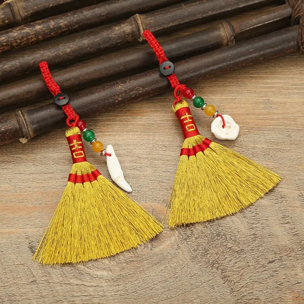 Chinese Traditional Dragon Boat Festival Cute Mini Gold Broom Lucky Gift Tassel Pendant Home Decor Housewarming Celebration