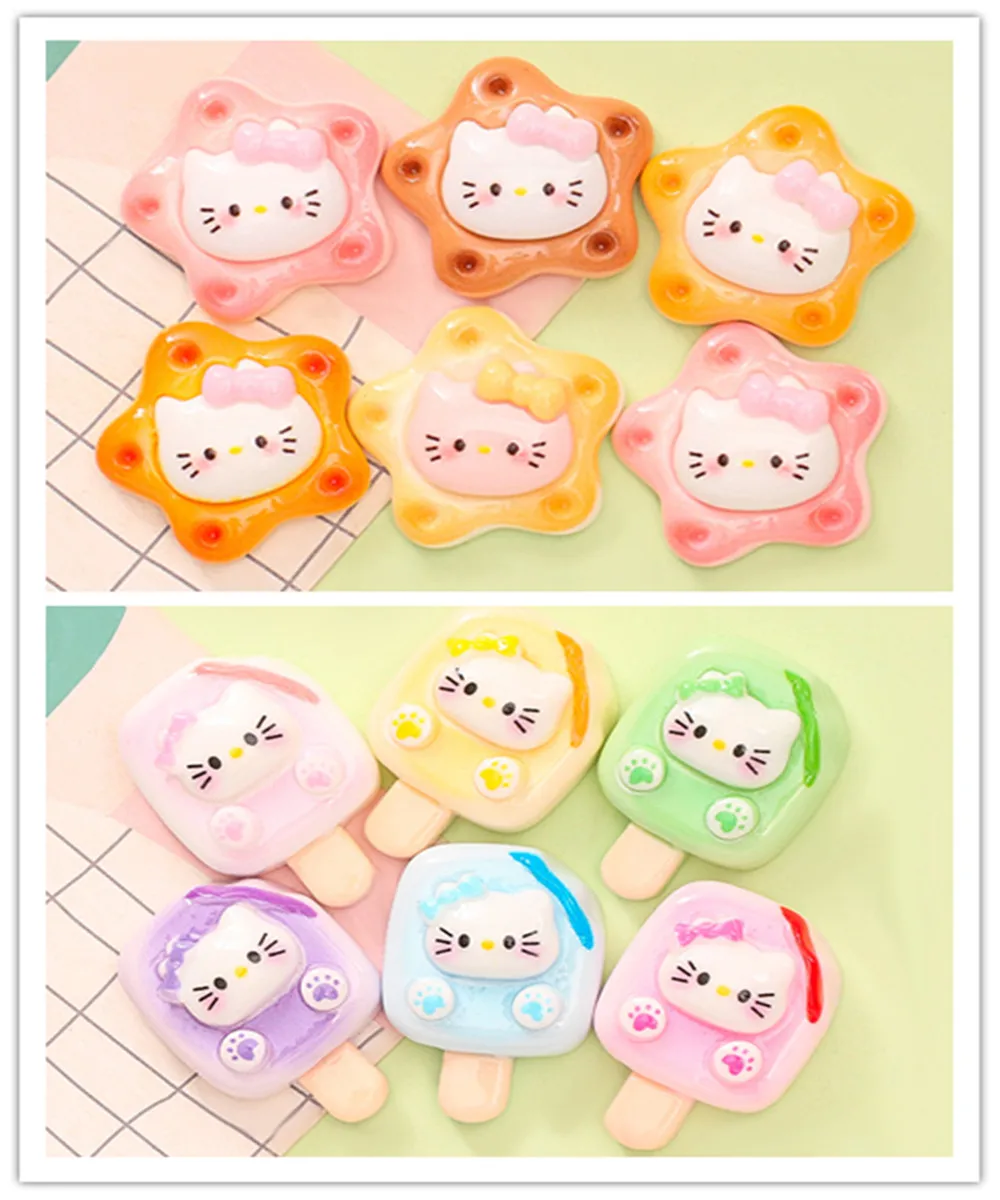 

100pcs Cartoon Resin Hello Kitty Ice Cream Cookies Charms Flatback Cabochon Kawaii Dollhouse Decor DIY Crafts Accessories