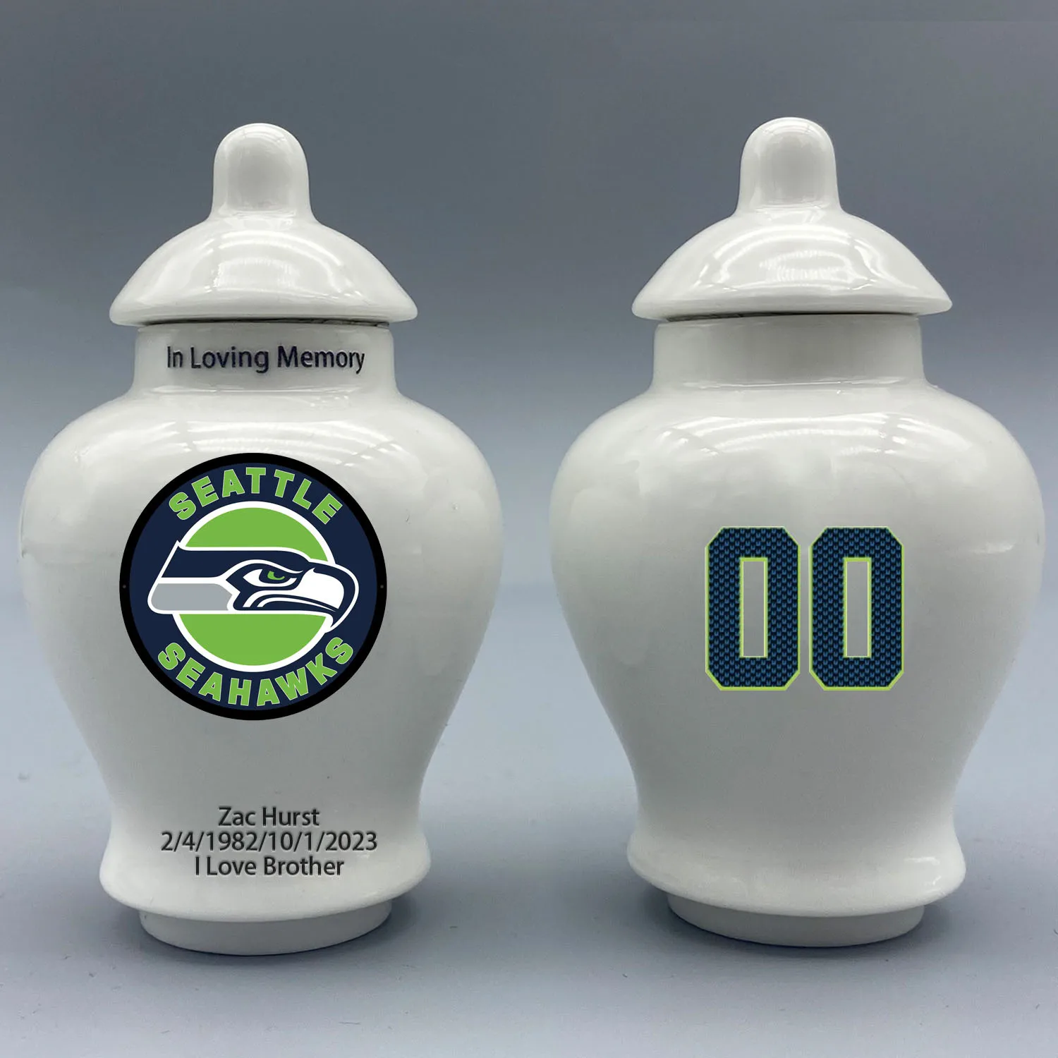 

Mini Urn for Seattle Seahawks-themed Logo Urn.Please send me the customization information - name/date and number on the urn