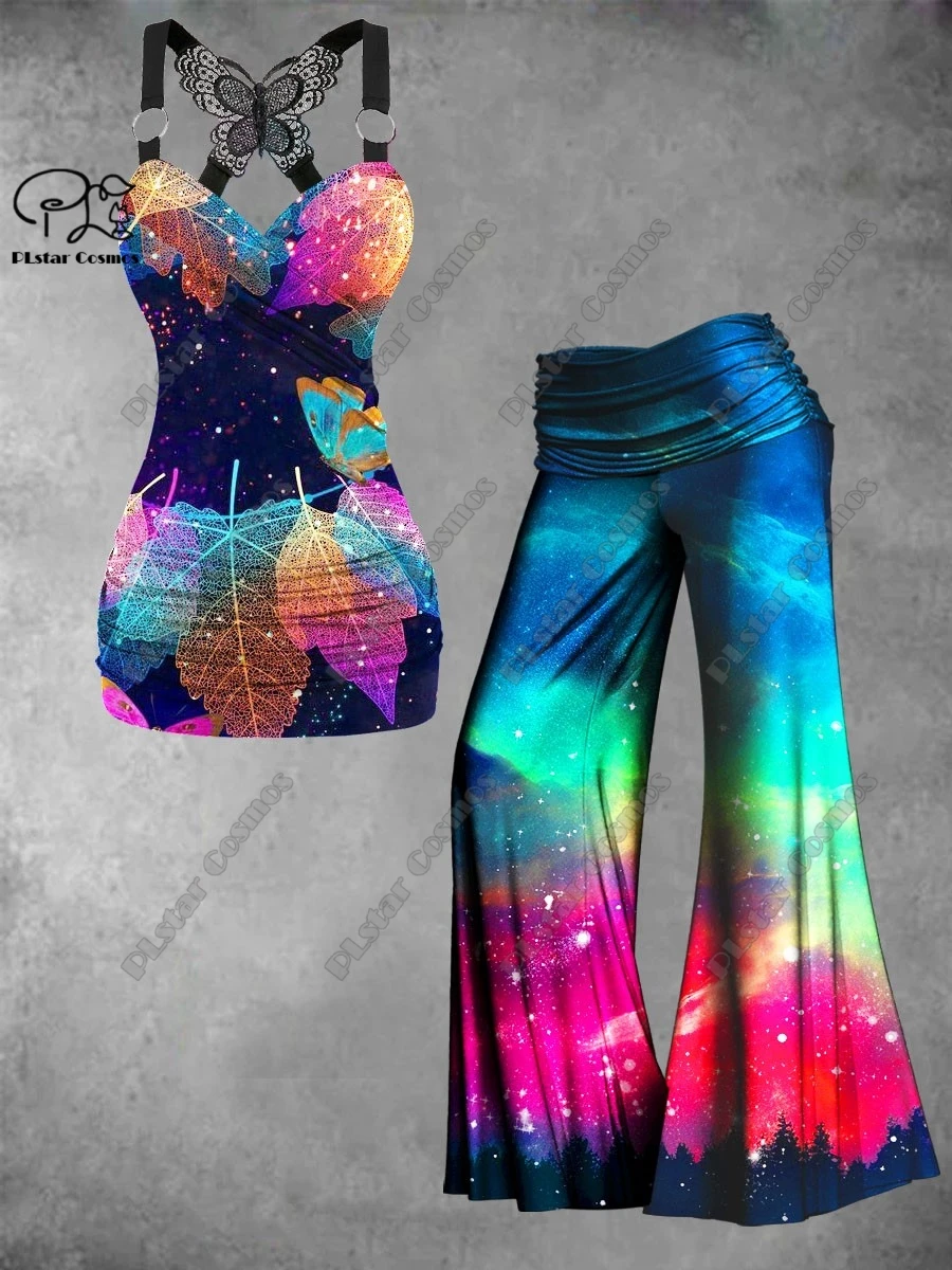 PLstar Cosmos new 3D printed women's gradient faded feather music element butterfly vest + wide-leg pants two-piece set