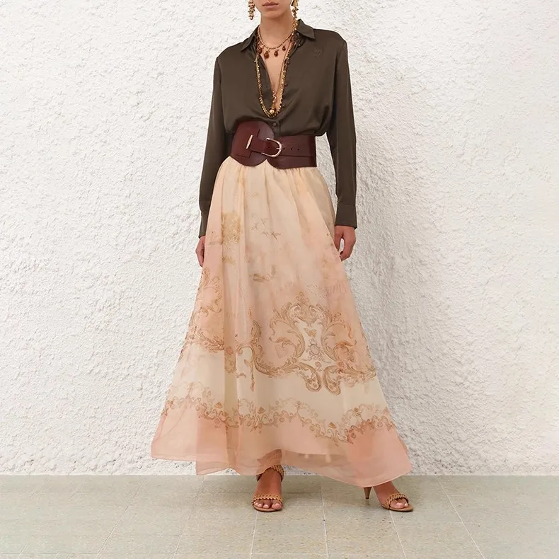 

Silk 2025 High Quality Orange Map Print Midi Skirt for Women