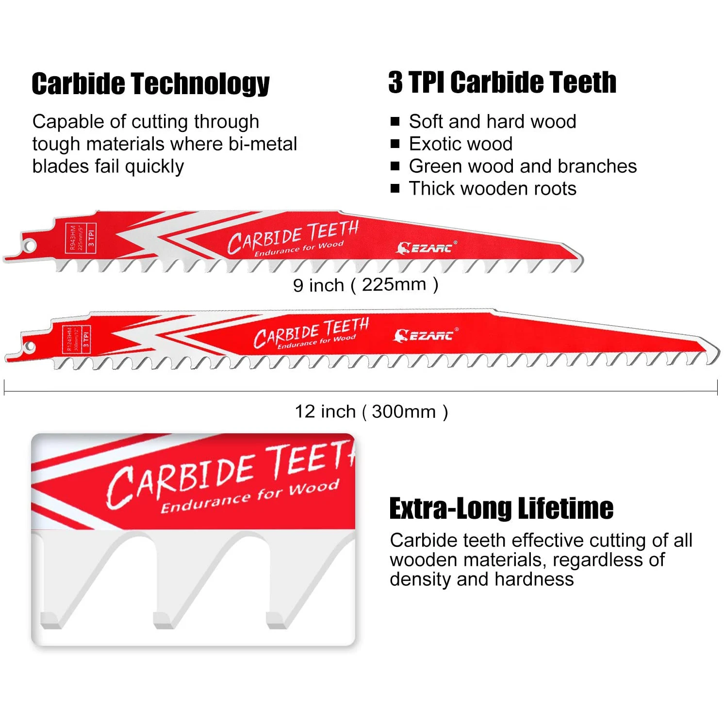 EZARC 3Pcs Carbide Reciprocating Saw Blade Endurance for Hard Wood, R943HM 9Inch / 225mm 3TPI, R1243HM 12-Inch / 225mm 3TPI