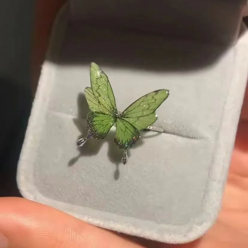 Light Green Butterfly Shiny Opening Adjustable Ring Niche Fresh And Versatile Ring 2024 New Model